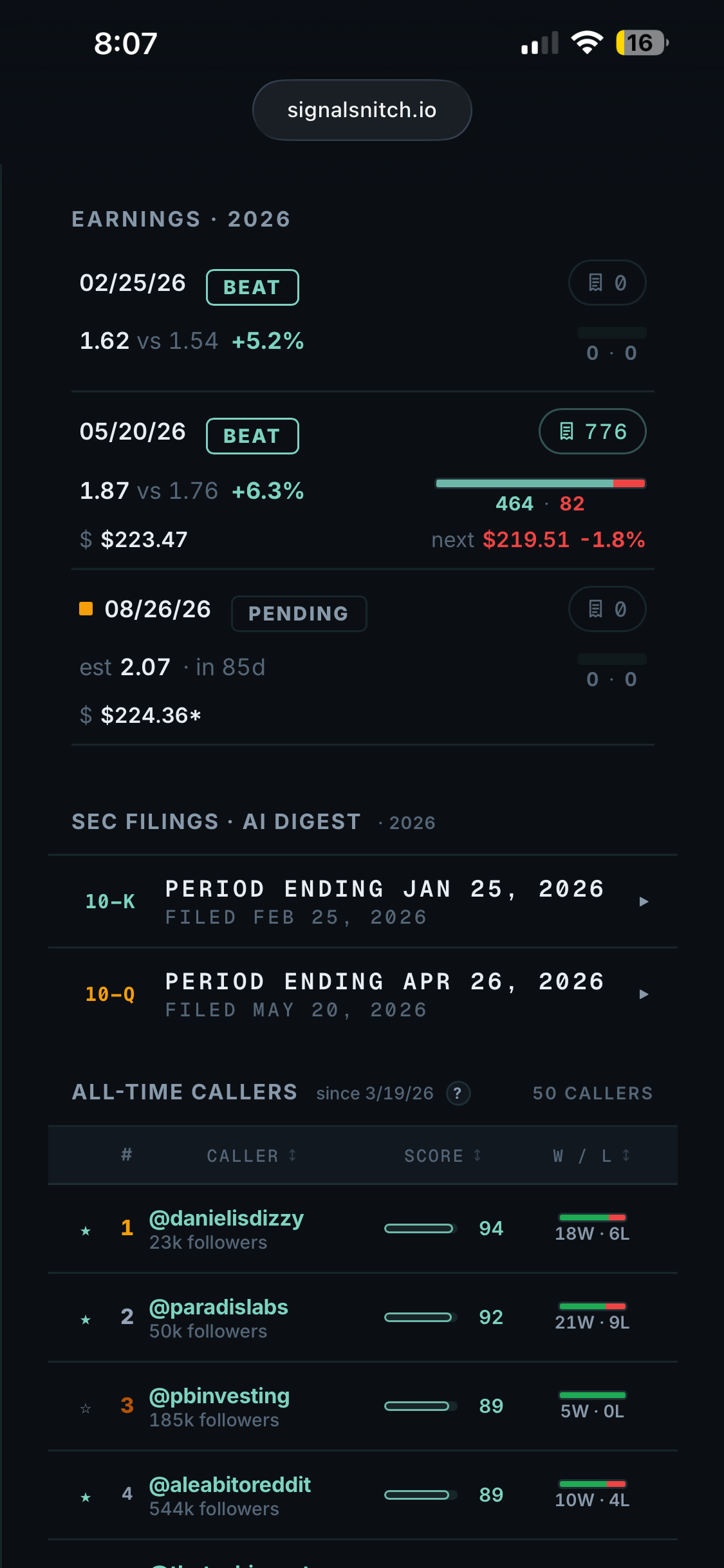 NVDA ticker detail — earnings, SEC filings and top callers